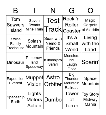 Disney Attraction Bingo Card