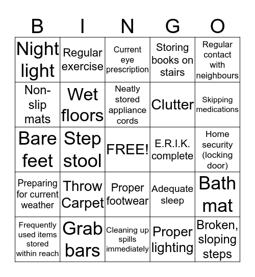 Home Safety Bingo Card