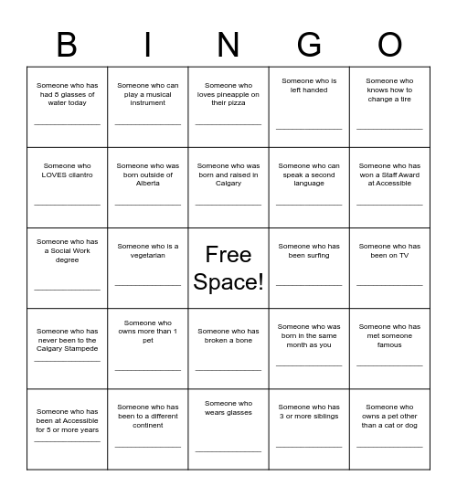 Accessible Bingo! You can only use someone's name once! Bingo Card