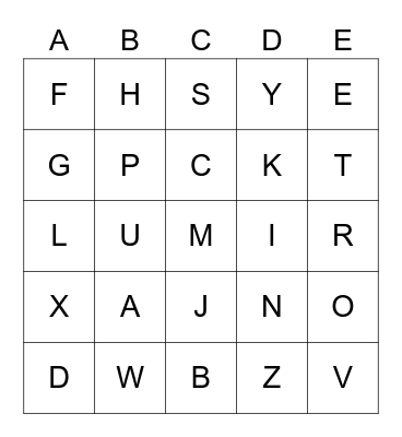 LETTERS Bingo Card