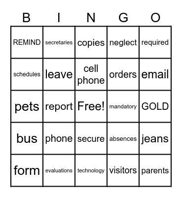 Staff Handbook Bingo Card