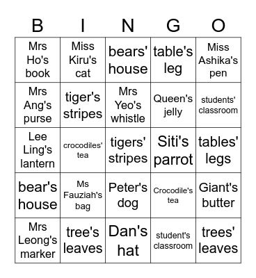Possessive Apostrophe Bingo Card