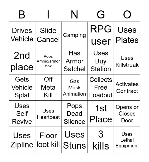 Warzone Bingo Solos Bingo Card