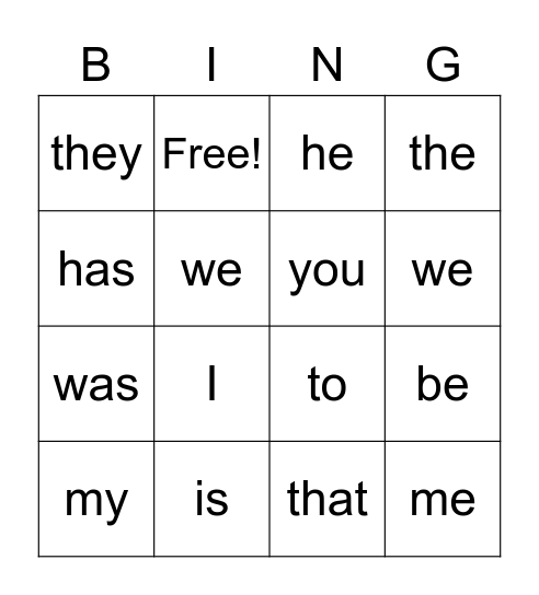Tricky Words Bingo Card
