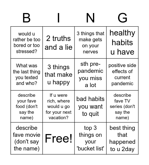 Conversation topics Bingo Card