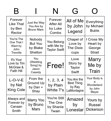 Love Songs Bingo Card