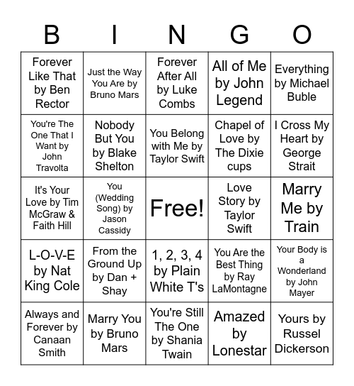 Love Songs Bingo Card