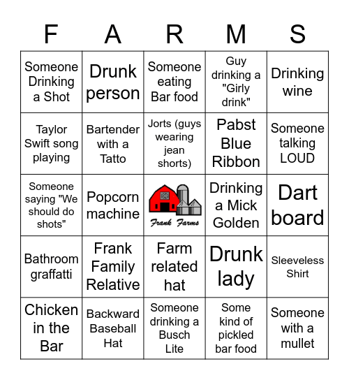 Frank Farms Bar Bingo Card