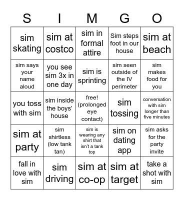 S I M Bingo Card