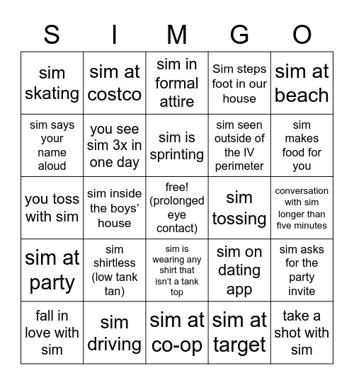 S I M Bingo Card
