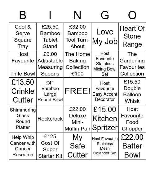 Pampered Chef Bingo Card