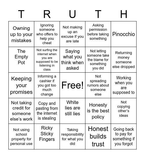 Honesty Bingo Card