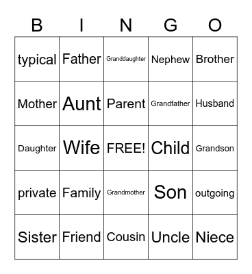 Family Bingo Card