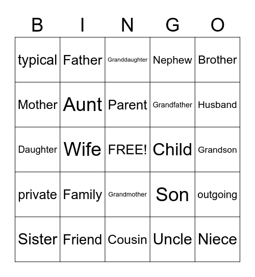 Family Bingo Card