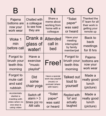 Remote Work Bingo Card