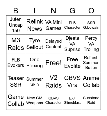 GBF Summer Stream Bingo Card