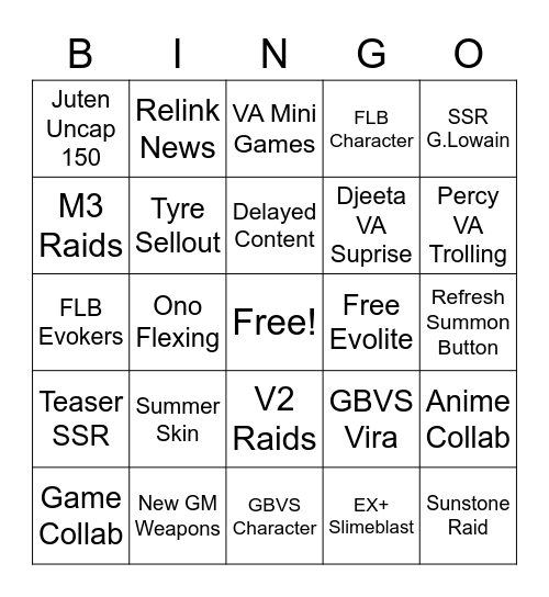 GBF Summer Stream Bingo Card