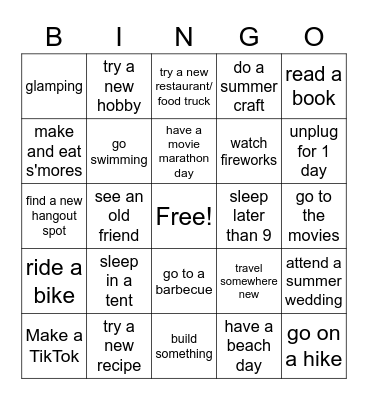 Summer Bucket List Bingo Card
