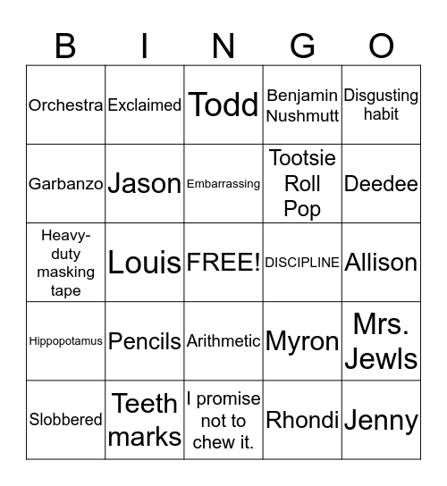 Wayside School is Falling Down: ch. 12 Bingo Card