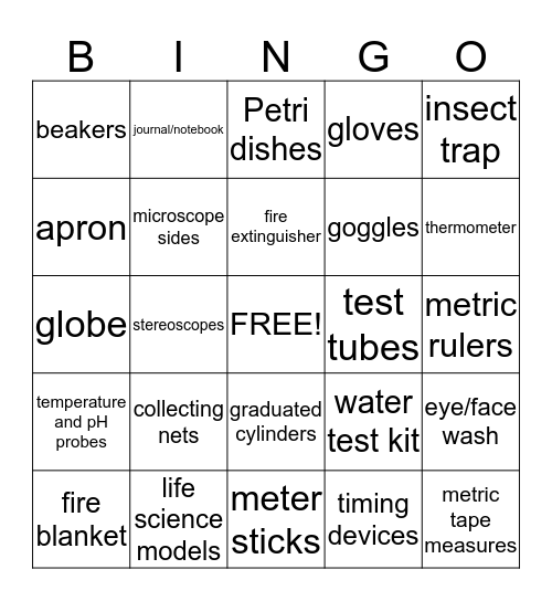 7th grade: Tools and Safety Equipment BINGO Card