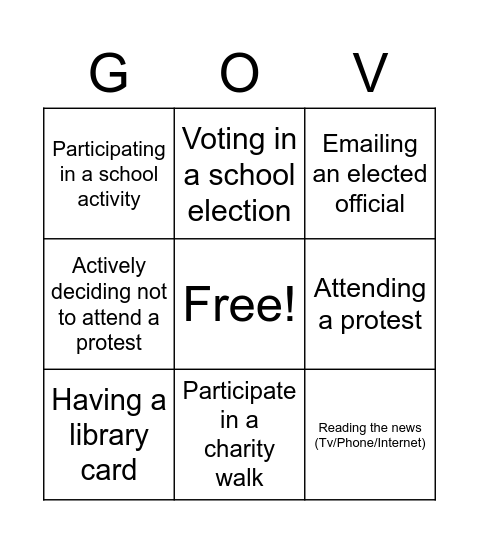 Civic Action Bingo 1 Bingo Card