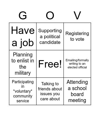 Civic Action Bingo 2 Bingo Card
