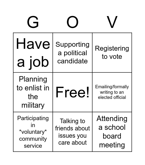 Civic Action Bingo 2 Bingo Card