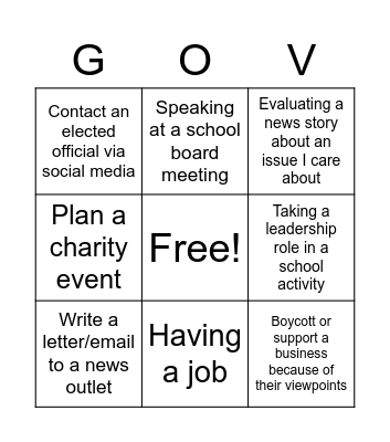 Civic Action Bingo 3 Bingo Card