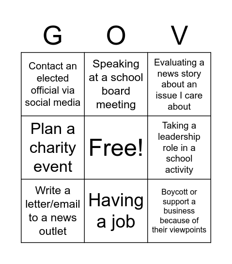 Civic Action Bingo 3 Bingo Card
