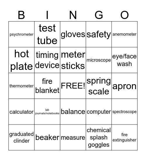 8th Grade: Tools and Safety BINGO Card