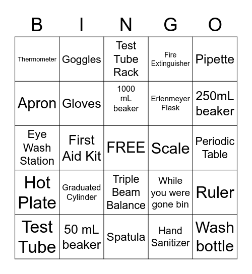 Lab Equipment Bingo Card