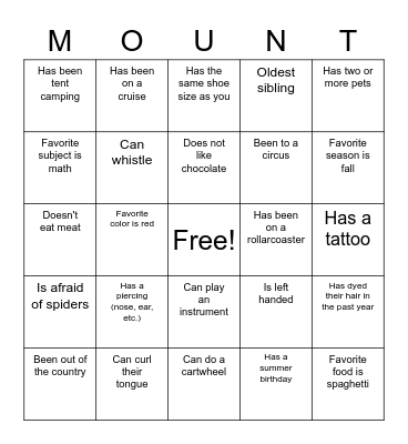 Get to Know You Bingo! Bingo Card