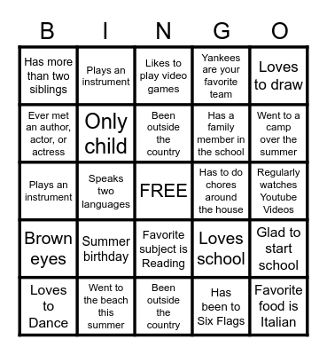 First Day of School Bingo Card