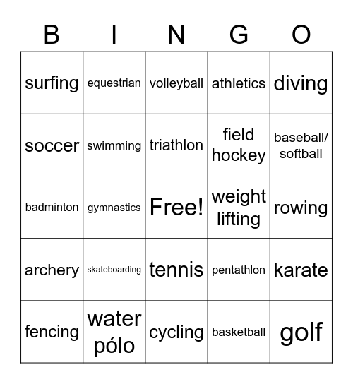 Olympics Bingo Card