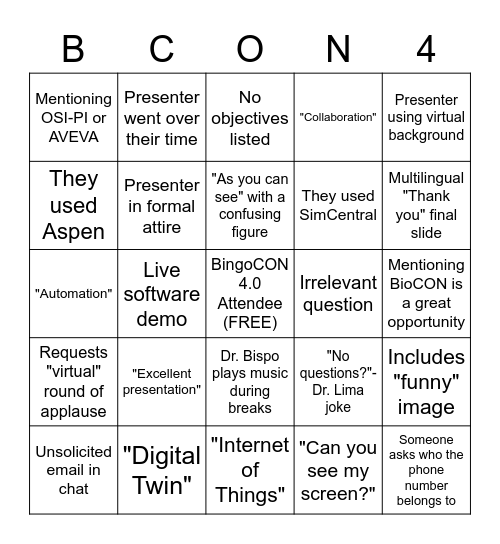 BingoCON 4.0 Bingo Card