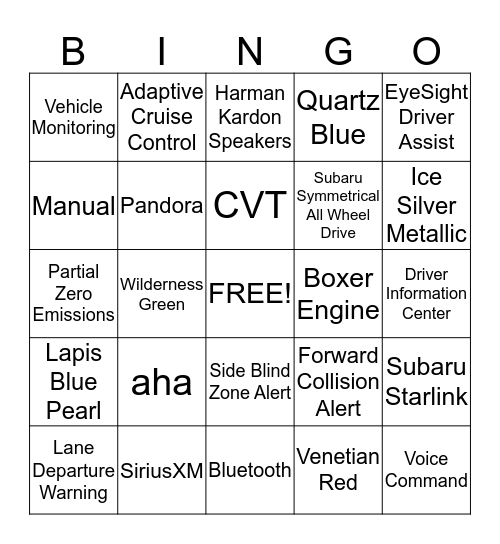Subaru Tech Clinic Bingo Card