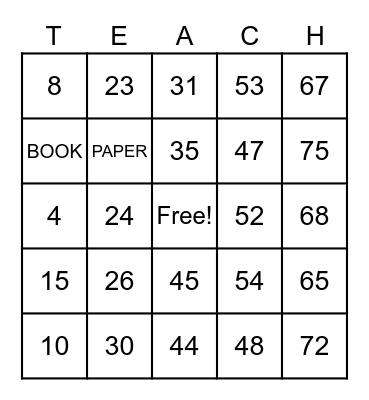 BACK TO SCHOOL Bingo Card