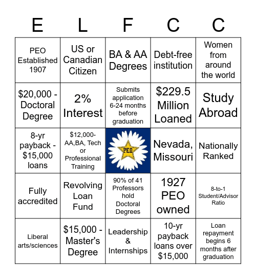 ELF & Cottey College Bingo Card