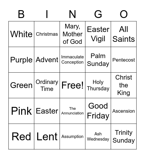 Liturgical Season Bingo Card