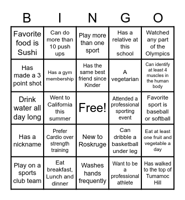 PE Class Bingo Card