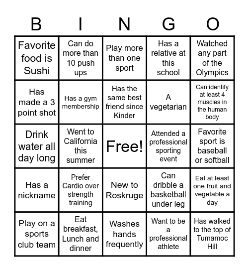 PE Class Bingo Card