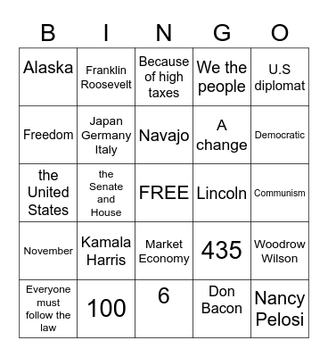 Citizenship Bingo Card
