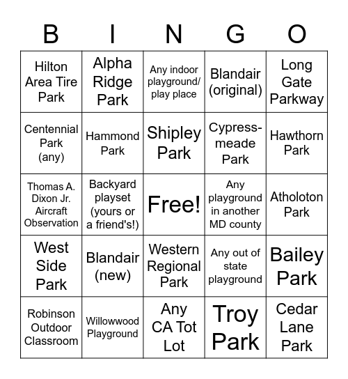 August Playground Bingo Card