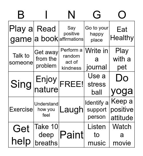 Coping Skills Bingo Card