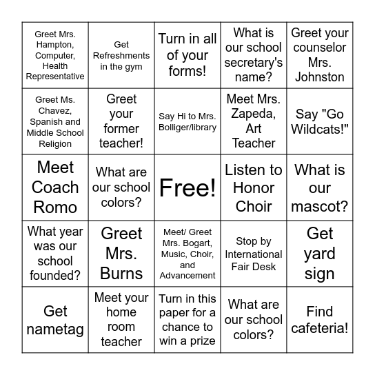 Meet and Greet  the Teachers Bingo Card