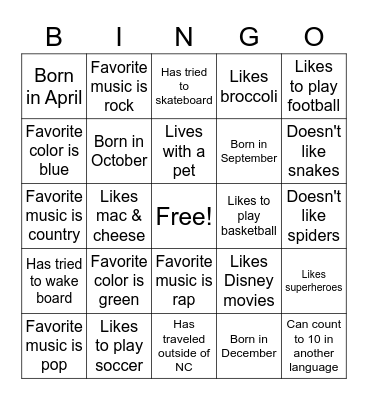 "Get to Know You" Bingo Card