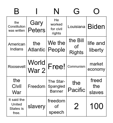 Citizenship 1-8 Bingo Card
