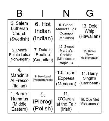 State Fair Cultural Scavenger Hunt Bingo Card