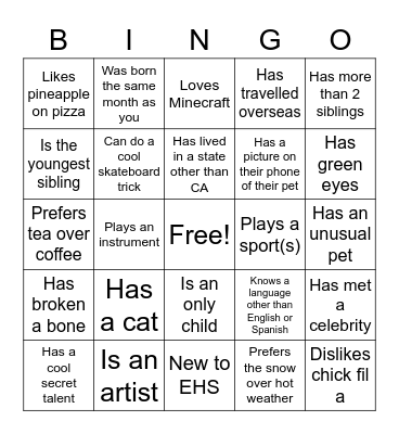 Getting to Know You Bingo Card