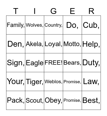 Cub Scout Bingo Card